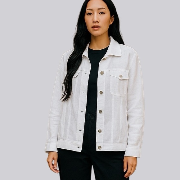CAROL LITTLE Woman’s Jean Linen Jacket White Button-Up Size 1X Casual Button Up - Picture 1 of 12
